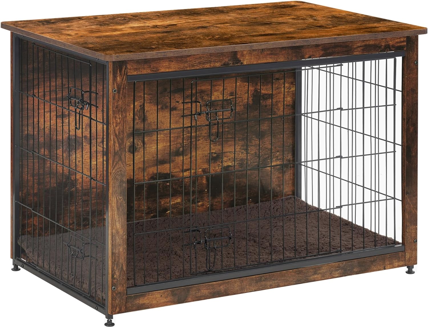 DWANTON Dog Crate Furniture with Cushion, Wooden Dog Crate Table, Double-Doors Dog Furniture, Indoor Dog Kennel, Dog House, Dog Cage Large, 38.5 L, Rustic Brown