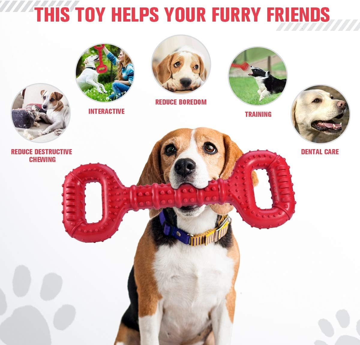 Feeko Interactive Long Lasting Dog Tug-of-war Toy for Aggressive Chewers, 15 inch with Convex Design Natural Rubber for Medium Large Breed Dogs Tooth Clean(Red)