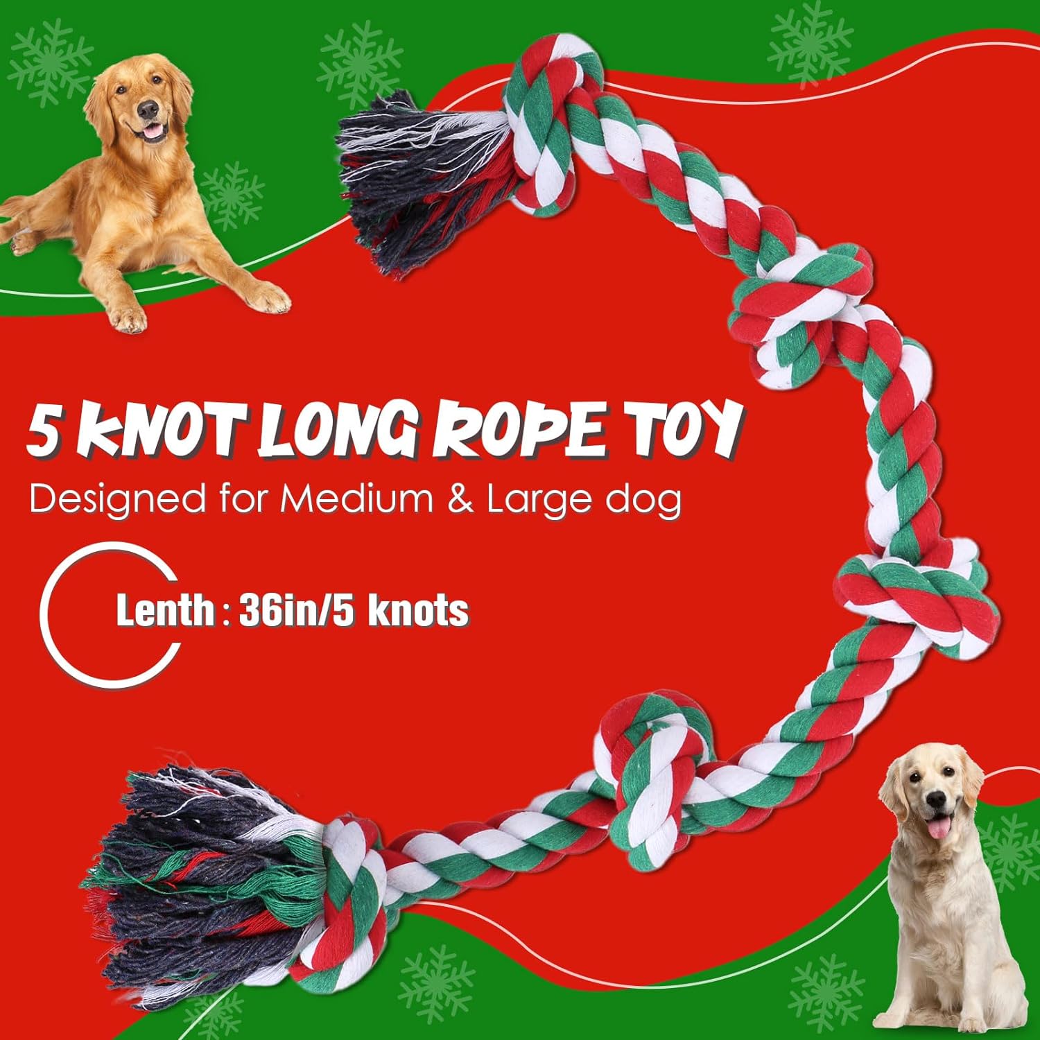 UPSKY Christma Dog Rope Toy for Large Medium Dogs, Dog Chew Toy for Aggressive Chewers, Indestructible 3 Feet 5 Knots Rope Toy, Heavy Duty Tough Dog Toy,Interactive Tug of War Toy for Extra Large Dogs