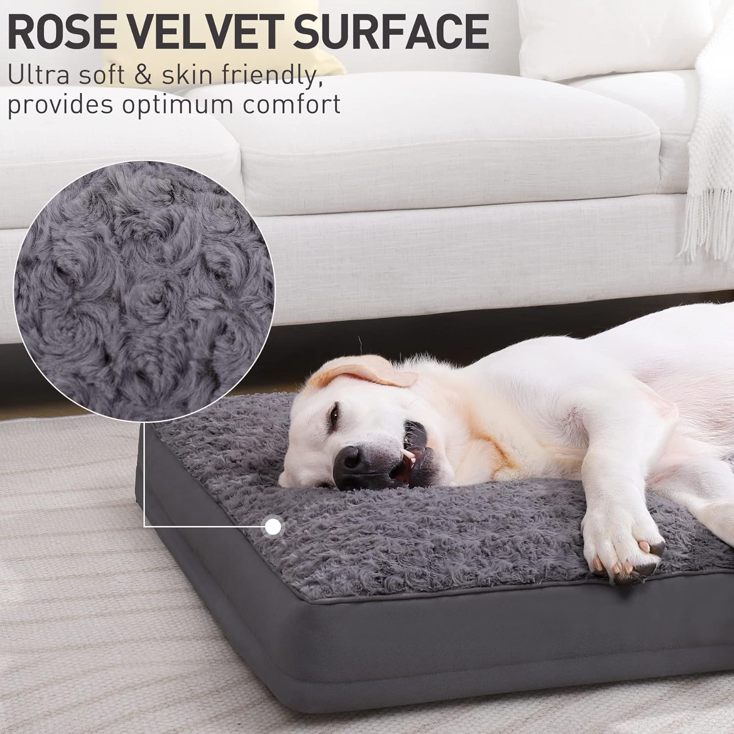 Dog Crate Bed Waterproof Dog Beds for Medium Dogs Rose Velvet Soft Fluffy Washable Dog Bed with Removable Cover  Anti-Slip Bottom, 35 x 22 Inch, Gray