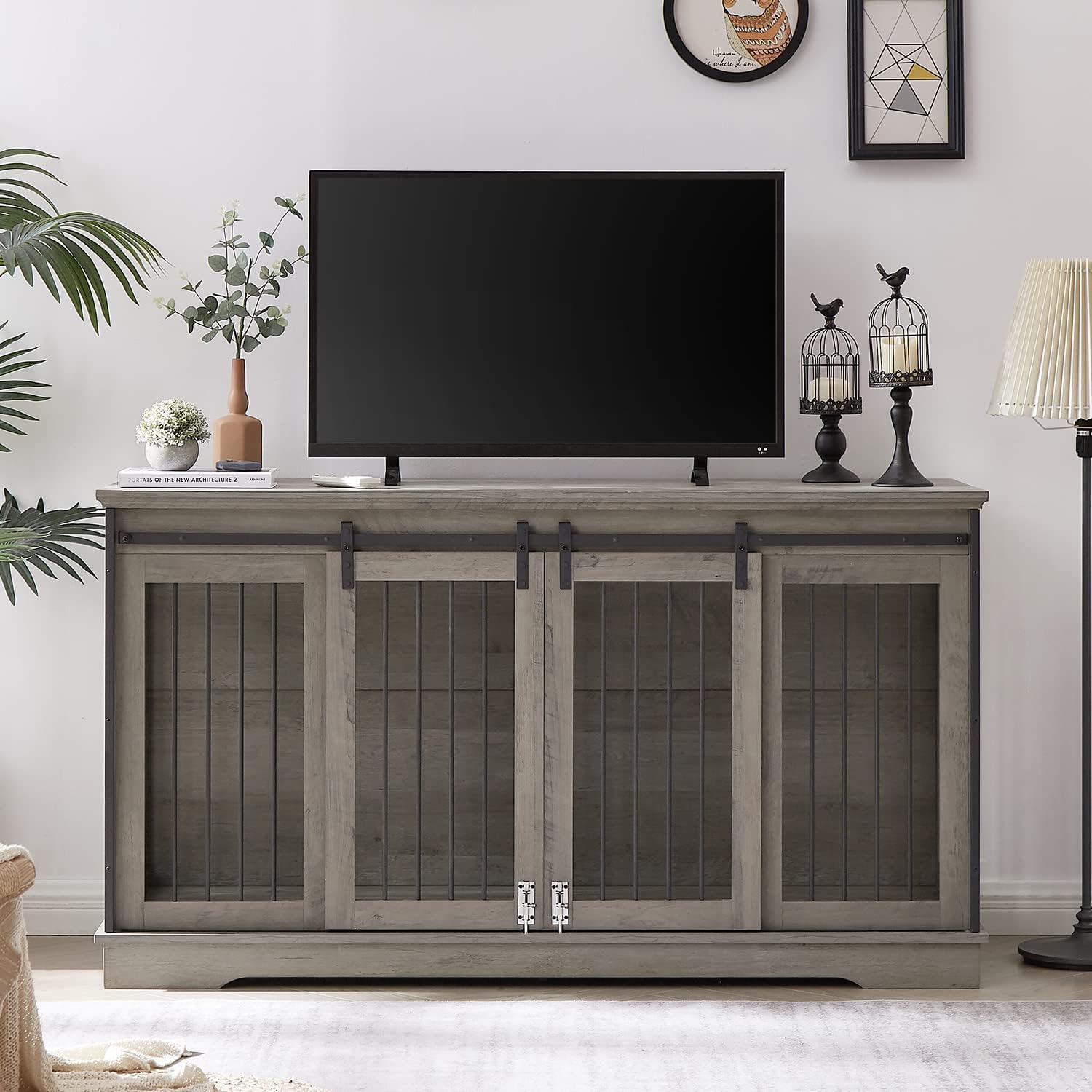 IchbinGo Large Dog Crate Furniture with Sliding Barn Door, 60.6 Wooden Dog Kennel Indoor Dog Crate with Divider, TV Stand XXL Dog Crate for Large Dog or 2 Medium Dogs