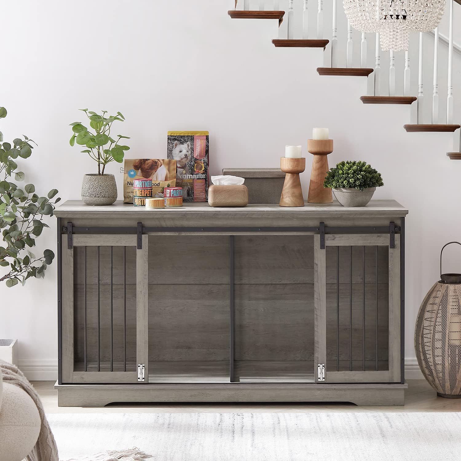 IchbinGo Large Dog Crate Furniture with Sliding Barn Door, 60.6 Wooden Dog Kennel Indoor Dog Crate with Divider, TV Stand XXL Dog Crate for Large Dog or 2 Medium Dogs