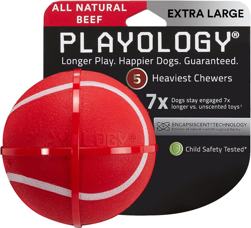 Playology Squeaky Chew Ball Dog Toy, for Extra Large Dogs (50lbs and Up) - for Heaviest Chewers - Engaging All-Natural Beef Scented Toy - Non-Toxic Materials