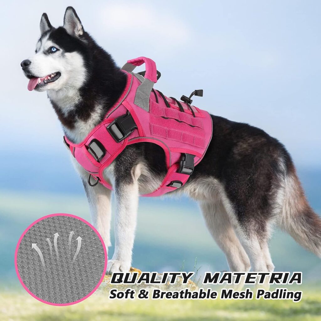 WINGOIN Pink Tactical Dog Harness Vest for Large Dogs No Pull Adjustable Reflective Military Pet Harness with Handle for Golden Retriever, Doberman Pinscher, Rottweiler, Great Dane Service Dog (XL)